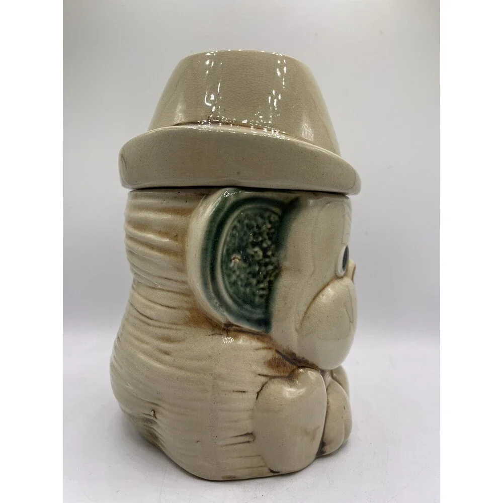 Vintage Ceramic Tan Brown Monkey Green Ears w/ Hat Cookie Jar